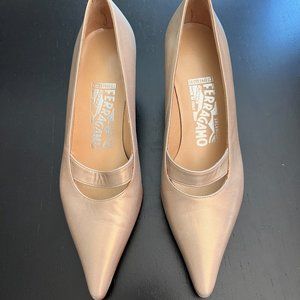 Salvatore Ferragamo Metallic Cream/ Gold Leather Low Heels